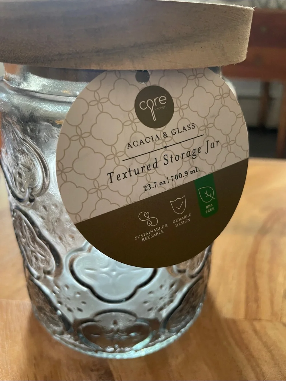 Home Acacia & Glass Textured Storage Jar - Clear Glass with Natural Wood Lid